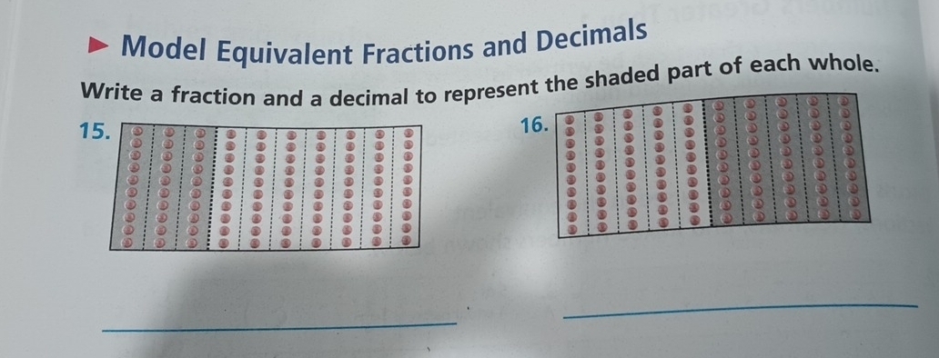 Model Equivalent Fractions and Decimals 
Write a fraction and a decimal to represehe shaded part of each whole. 
1 
_ 
_