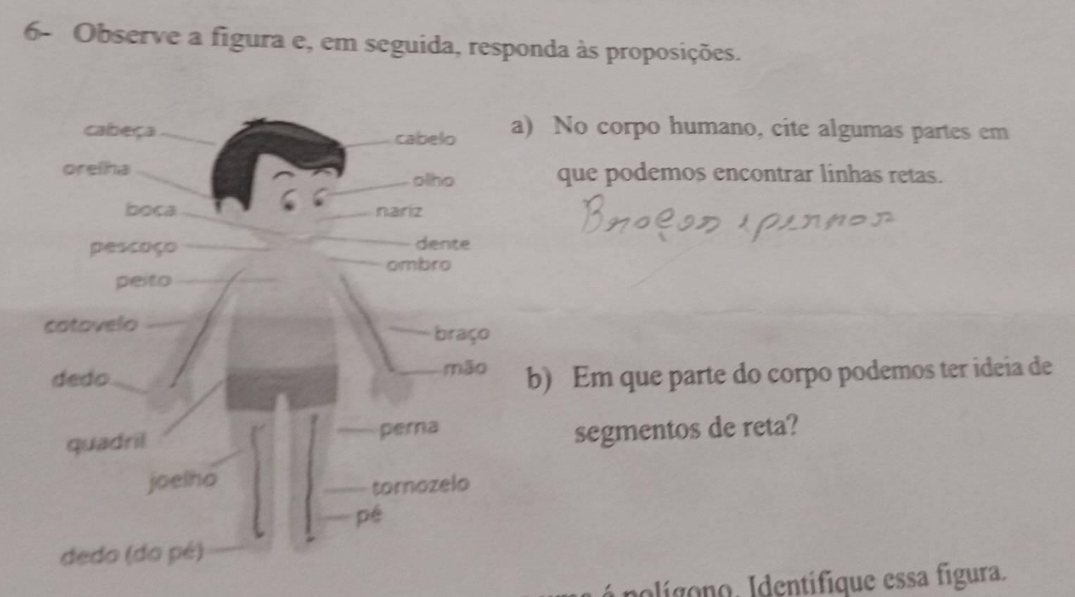 6- Observe a figura e, em seguida, responda às proposições. 
) No corpo humano, cite algumas partes em 
que podemos encontrar linhas retas. 
b) Em que parte do corpo podemos ter ideia de 
segmentos de reta? 
nolígono. Identifique essa figura.