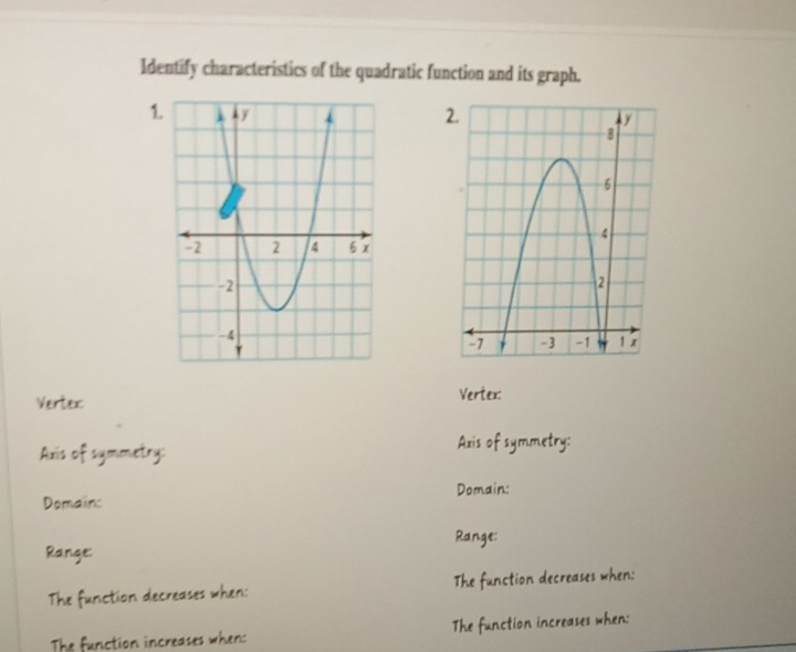 Identify characteristics of the quadratic function and its graph.
12
Vertex: Vertex: 
Axis of symmetry: 
Axis of symmetry: 
Domainc Domain: 
Range: 
Range: 
The function decreases when: The function decreases when: 
The function increases when: The function increases when: