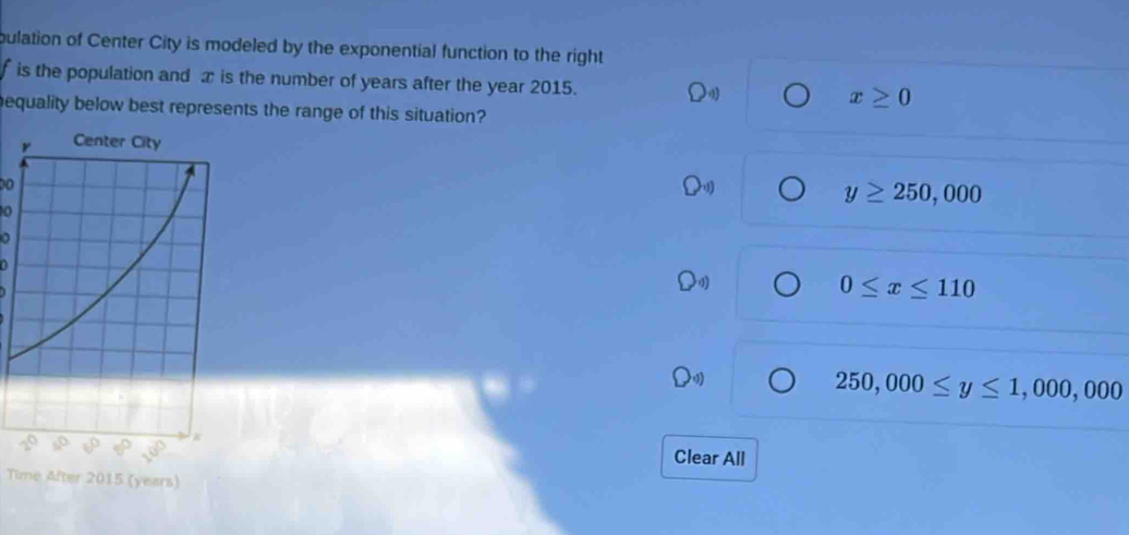 bulation of Center City is modeled by the exponential function to the right
is the population and x is the number of years after the year 2015. x≥ 0
A 
bequality below best represents the range of this situation?
00
y≥ 250,000
0
a
0≤ x≤ 110
7
250,000≤ y≤ 1,000,000
Clear All
Time After 2015 (years)