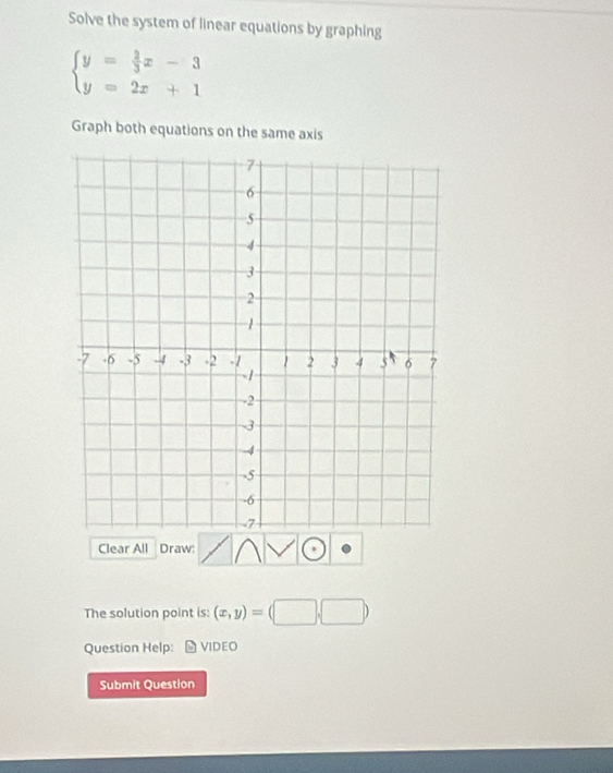 Solve the system of linear equations by graphing
beginarrayl y= 2/3 x-3 y=2x+1endarray.
Graph both equations on the same axis
Clear All Draw:
The solution point is: (x,y)=(□ ,□ )
Question Help: Video
Submit Question