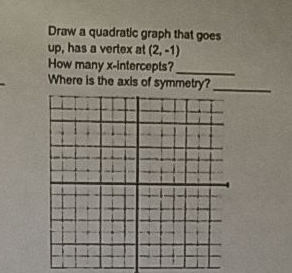 Draw a quadratic graph that goes 
up, has a vertex at (2,-1)
How many x-intercepts?_ 
Where is the axis of symmetry? 
_