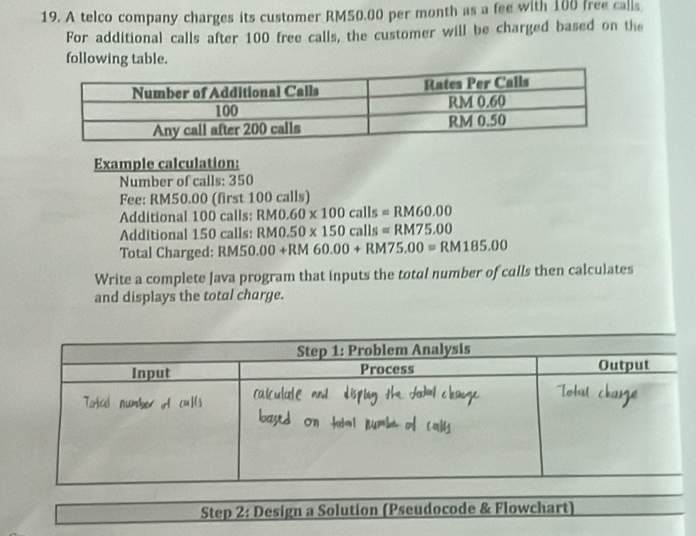 A telco company charges its customer RM50.00 per month as a fee with 100 free calls 
For additional calls after 100 free calls, the customer will be charged based on the 
following table. 
Example calculation: 
Number of calls: 350
Fee: RM50.00 (first 100 calls) 
Additional 100 calls: RM0.60* 100calls=RM60.00
Additional 150 calls: RM0.50* 150calls=RM75.00
Total Charged: RM50.00+RM60.00+RM75.00=RM185.00
Write a complete Java program that inputs the total number of calls then calculates 
and displays the total charge. 
Step 2: Design a Solution (Pseudocode & Flowchart)