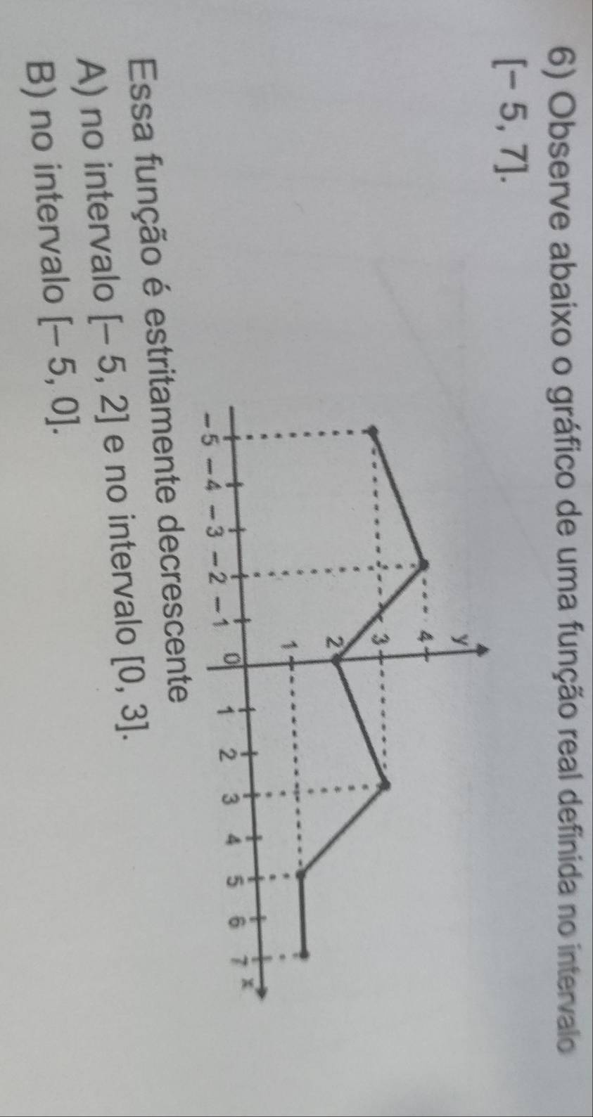 Observe abaixo o gráfico de uma função real definida no intervalo
[-5,7]. 
Essa função é estritamente decrescente
A) no intervalo [-5,2] e no intervalo [0,3].
B) no intervalo [-5,0].