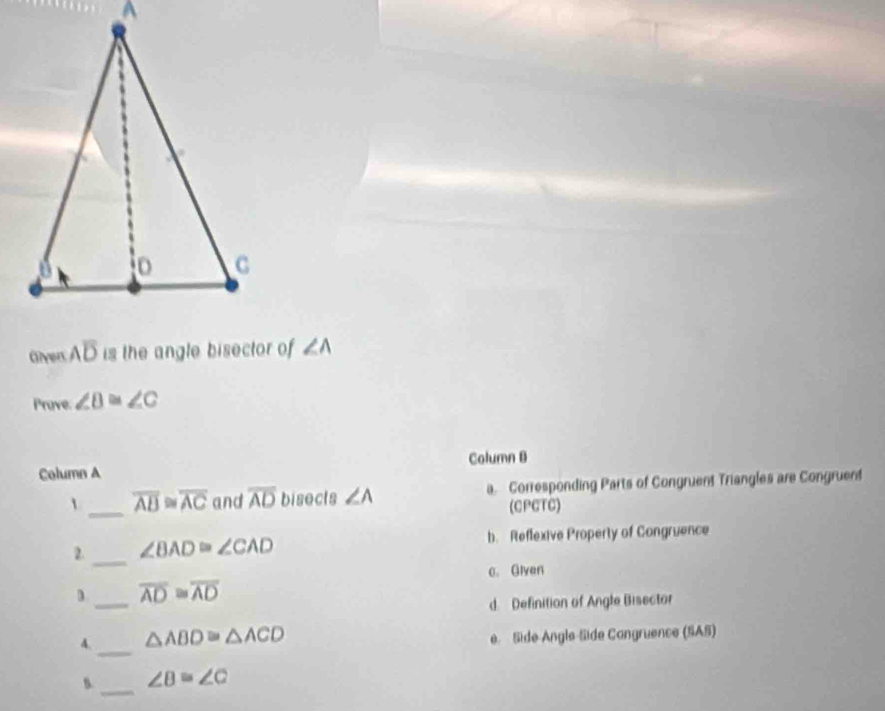 Olvers Aoverline D is the angle bisector of ∠ A
Prove ∠ B≌ ∠ C
Column A Column B
_ overline AB≌ overline AC and overline AD bisects ∠ A a. Corresponding Parts of Congruent Triangles are Congruent
(CPCTC)
_
2 ∠ BAD≌ ∠ CAD b. Reflexive Property of Congruence
c. Given
1 _ overline AD≌ overline AD
d. Definition of Angle Bisector
4._ △ ABD≌ △ ACD e. Side Angle-Side Cangruence (SAS)
_
B. ∠ B≌ ∠ C