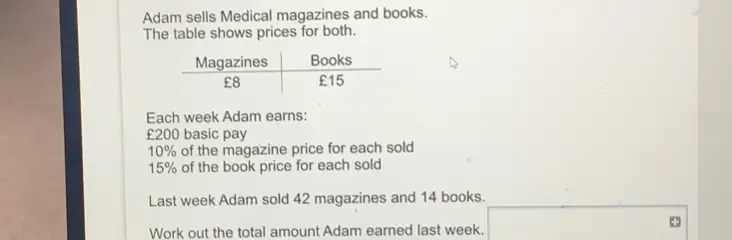 Solved: Adam sells Medical magazines and books. The table shows prices ...