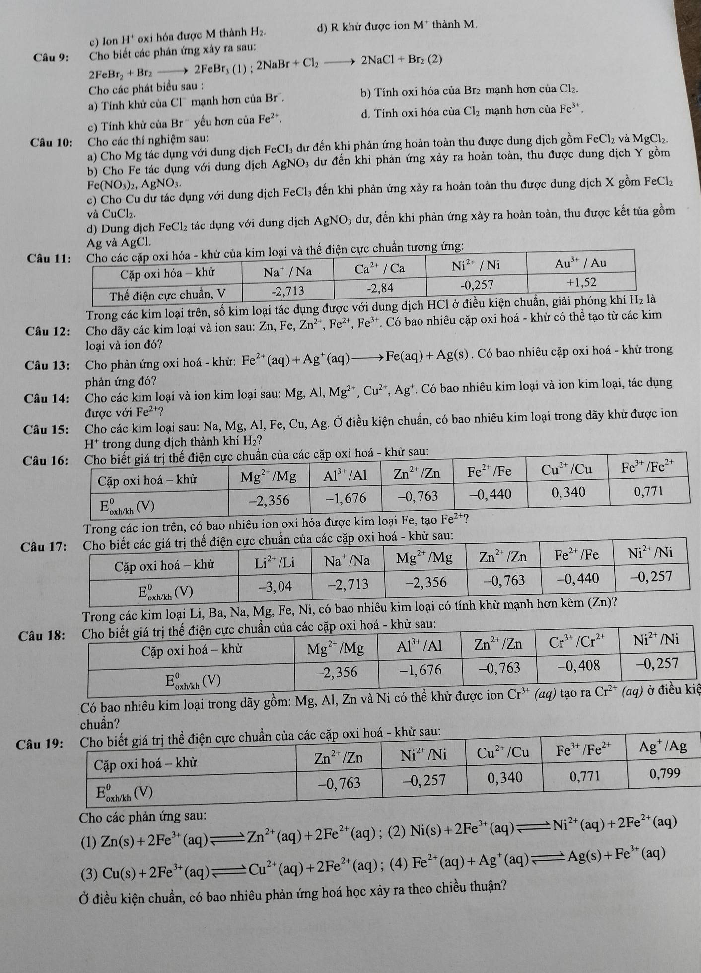 c) Ion H^+ oxi hóa được M thành H_2. d) R khử được ion M^+ thành M.
Câu 9:  Cho biết các phản ứng xảy ra sau:
2FeBr_2+Br_2to 2FeBr_3 (1) ; 2NaBr+Cl_2to 2NaCl+Br_2(2)
Cho các phát biểu sau :
a) Tính khử của Cl¯ mạnh hơn của Br^-.
b) Tính oxi hóa của Br2 mạnh hơn của Cl₂.
c) Tính khử của Br  yếu hơn của Fe^(2+).
d. Tính oxi hóa của Cl_2 mạnh hơn của Fe^(3+).
Câu 10: Cho các thí nghiệm sau:
a) Cho Mg tác dụng với dung dịch FeCI_3 dư đến khi phản ứng hoàn toàn thu được dung dịch gồm FeCl₂ và MgCl₂.
b) Cho Fe tác dụng với dung dịch AgNO₃ dư đến khi phản ứng xảy ra hoàn toàn, thu được dung dịch Y gồm
F c(NO_3)_2 , A gNO_3
c) Cho Cu dư tác dụng với dung dịch FeCl₃ đến khi phản ứng xảy ra hoàn toàn thu được dung dịch X gồm FeClz
và CuCl₂.
d) Dung dịch FeCl_2 tác dụng với dung dịch AgNO_3 dư, đến khi phản ứng xảy ra hoàn toàn, thu được kết tủa gồm
Ag và ÁgCl.
Câuực chuẩn tương ứng:
Trong các kim loại trên, số kim loại tác dụng được vớidu
Câu 12: Cho dãy các kim loại và ion sau: Zn,Fe,Zn^(2+),Fe^(2+),Fe^(3+) T. Có bao nhiêu cặp oxi hoá - khử có thể tạo từ các kim
loại và ion đó?
Câu 13: Cho phản ứng oxi hoá - khử: Fe^(2+)(aq)+Ag^+(aq)to Fe(aq)+Ag(s) Có bao nhiêu cặp oxi hoá - khử trong
phản ứng đó?
Câu 14: Cho các kim loại và ion kim loại sau: Mg,Al,Mg^(2+),Cu^(2+),Ag^+ *. Có bao nhiêu kim loại và ion kim loại, tác dụng
được với Fe^(2+) ?
Câu 15: Cho các kim loại sau: Na, Mg, Al, I Fe,Cu,Ag. Ở Ở điều kiện chuẩn, có bao nhiêu kim loại trong dãy khử được ion
H^+ trong dung dịch thành khí H₂?
Câ
Trong các ion trên, có bao nhiêu ion oxi hóa được ki
Câc cặp oxi hoá - khử sau:
Trong các kim loại Li, Ba, Na, Mg, Fe, Ni, có bao nhiêu kim loại có tính khử 
Câoxi hoá - khử sau:
Có bao nhiêu kim loại trong dãy gồm: Mg, Al, Zn và Ni có thể khử được ion ệ
chuẩn?
Câ
Cho các phản ứng sau:
(1) Zn(s)+2Fe^(3+)(aq)leftharpoons Zn^(2+)(aq)+2Fe^(2+)(aq); (2) Ni(s)+2Fe^(3+)(aq)leftharpoons Ni^(2+)(aq)+2Fe^(2+)(aq)
(3) Cu(s)+2Fe^(3+)(aq)leftharpoons Cu^(2+)(aq)+2Fe^(2+)(aq); (4) Fe^(2+)(aq)+Ag^+(aq)leftharpoons Ag(s)+Fe^(3+)(aq)
Ở điều kiện chuẩn, có bao nhiêu phản ứng hoá học xảy ra theo chiều thuận?