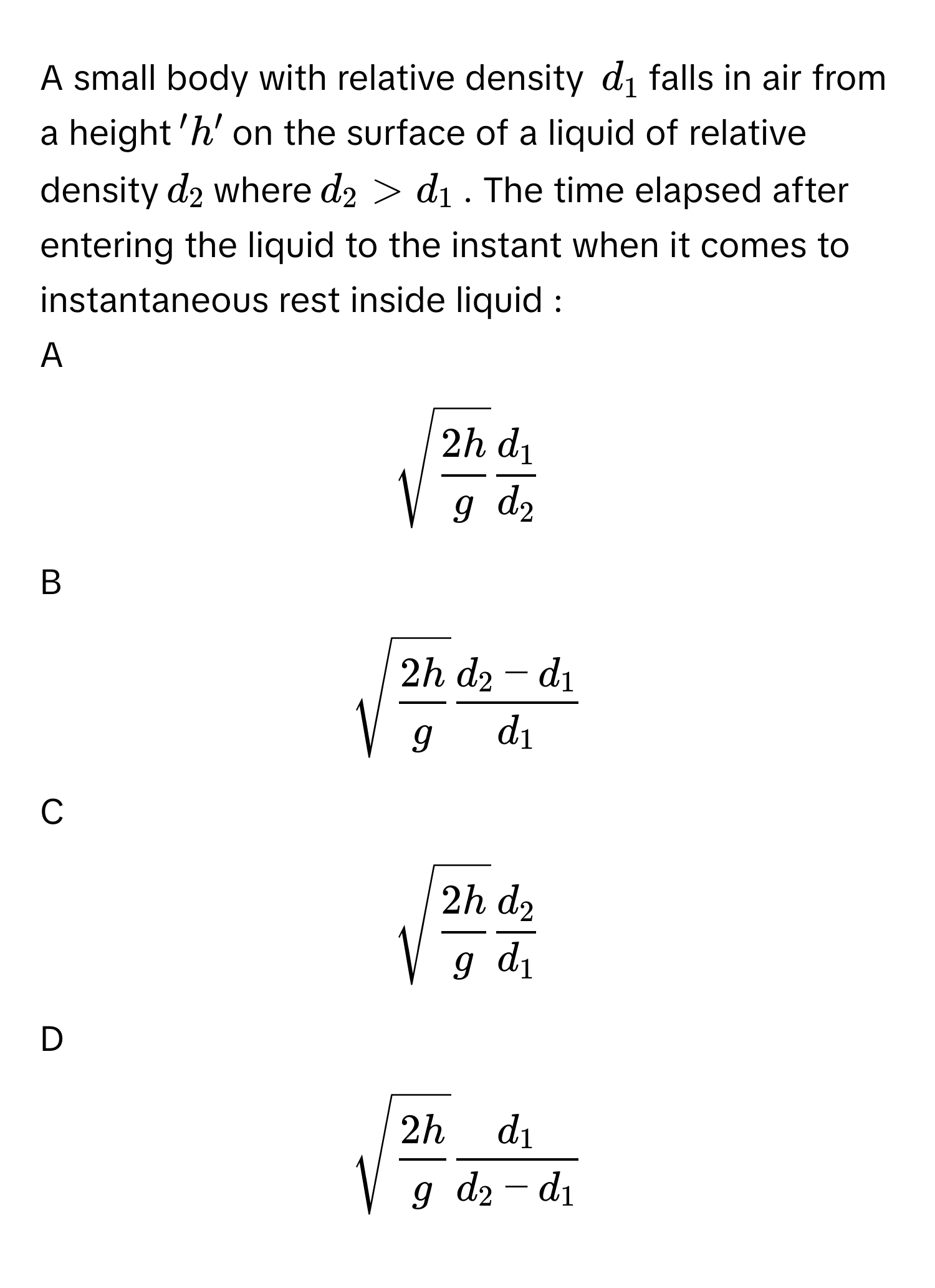 Solved: A small body with relative density $$d_1$$ falls in air from a ...