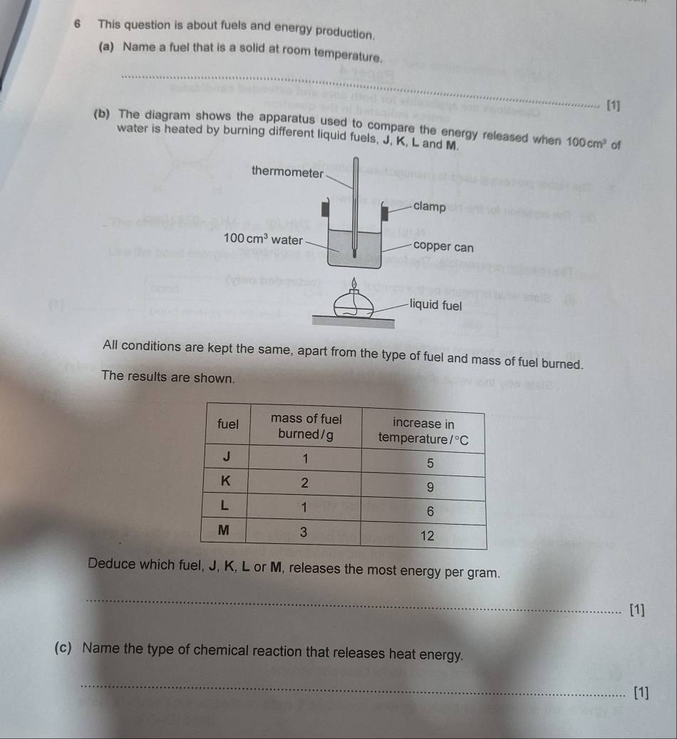 This question is about fuels and energy production.
(a) Name a fuel that is a solid at room temperature.
_
[1]
(b) The diagram shows the apparatus used to compare the energy released when 100cm^3 of
water is heated by burning different liquid fuels, J, K, L and M.
All conditions are kept the same, apart from the type of fuel and mass of fuel burned.
The results are shown.
Deduce which fuel, J, K, L or M, releases the most energy per gram.
_
[1]
(c) Name the type of chemical reaction that releases heat energy.
_
[1]