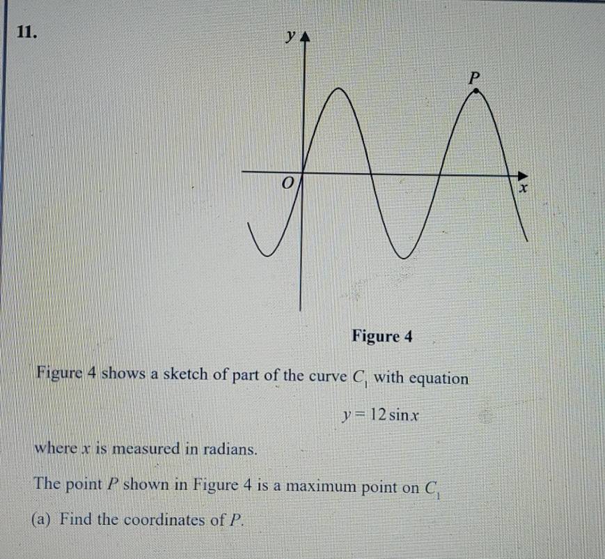 Figure 4 
Figure 4 shows a sketch of part of the curve C_1 with equation
y=12sin x
where x is measured in radians. 
The point P shown in Figure 4 is a maximum point on C_1
(a) Find the coordinates of P.