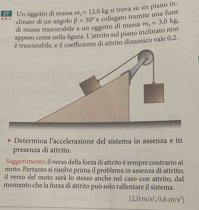 Un oggetto di massa m_1=12,0kg si trova su un piano in-
clinato di un angolo beta =30° e collegato tramite una fune
di massa trascurabile a un oggetto di massa m_2=3,0kg,
appeso come nella figura. L’attrito sul piano inclinato non
è trascurabile, e il coefficiente di attrito dinamico vale 0,2.
Determina l’accelerazione del sistema in assenza e in
presenza di attrito.
Suggerimento: il verso della forza di attrito è sempre contrario al
moto. Pertanto si risolve prima il problema in assenza di attrito;
il verso del moto sarà lo stesso anche nel caso con attrito, dal
momento che la forza di attrito può solo rallentare il sistema.
[2,0m/s^2;0,6m/s^2]