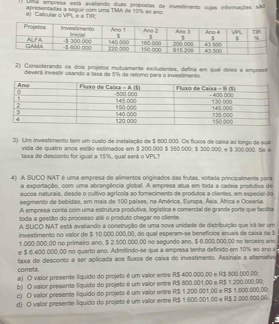 Uma empresa está avaliando duas propostas de investimento cujas informações são
apresentadas a seguir com uma TMA de 10% ao ano:
a) Calcular o VPL e a TIR;
2) Considerando os dois projetos mutuamente excludentes, defina em qual deles a empresa
deverá investir usando a taxa de 5% de retoro para o investimento.
3) Um investimento tem um custo de instalação de $ 800.000. Os fluxos de caixa ao longo de sua
vida de quatro anos estão estimados em $ 200.000 $ 350.000; $ 300.000; e $ 300.000. Se a
taxa de desconto for igual a 15%, qual será o VPL?
4) A SUCO NAT é uma empresa de alimentos originados das frutas, voltada principalmente para
a exportação, com uma abrangência global. A empresa atua em toda a cadeia produtiva de
sucos naturais, desde o cultivo agrícola ao fornecimento de produtos a clientes, em especial do
segmento de bebidas, em mais de 100 países, na América, Europa, Ásia, África e Oceania.
A empresa conta com uma estrutura produtiva, logística e comercial de grande porte que facilita
toda a gestão do processo até o produto chegar no cliente.
A SUCO NAT está avaliando a construção de uma nova unidade de distribuição que irá ter um
investimento no valor de $ 10.000.000,00, do qual esperam-se beneficios anuais de caixa de $
1.000.000,00 no primeiro ano, $ 2.500.000,00 no segundo ano, $ 6.000.000,00 no terceiro ano
e $ 6.400.000,00 no quarto ano. Admitindo-se que a empresa tenha definido em 10% ao ano a
taxa de desconto a ser aplicada aos fluxos de caixa do investimento. Assinale a alternativa
correta.
a) O valor presente líquido do projeto é um valor entre R$ 400.000,00 e R$ 800.000,00;
b) O valor presente líquido do projeto é um valor entre R$ 800.001,00 e R$ 1.200.000,00;
c) O valor presente líquido do projeto é um valor entre R$ 1.200.001,00 e R$ 1.600.000,00;
d) O valor presente líquido do projeto é um valor entre R$ 1.600.001,00 e R$ 2.000.000,00.