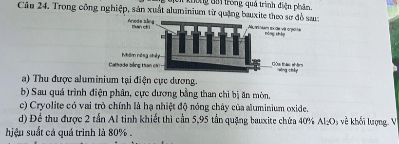 không đổi trong quá trình điện phân. 
Câu 24. Trong công nghiệp, sản xuất aluminium từ quặng bauxite theo sơ đồ 
a) Thu được aluminium tại điện cực dương. 
b) Sau quá trình điện phân, cực dương bằng than chì bị ăn mòn. 
c) Cryolite có vai trò chính là hạ nhiệt độ nóng chảy của aluminium oxide. 
d) Để thu được 2 tấn Al tinh khiết thì cần 5,95 tấn quặng bauxite chứa 40% Al_2O_3 về khối lượng. V 
hiệu suất cả quá trình là 80%.