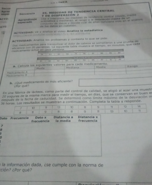 e=pe Apre Secuencia 35. MEDIDAS DE TENDENCIA CENTRAL 
y de dispersión 2 
Usa e interpreta las medidas de tendencía central (moda, media 
actn Aprendizaje artmética y mediana), el rango y la desviación media de un 
esperado conjunto de datos y decide cuál de ellas conviene más en el análisis 
de los datos en cuestión. 
ACTIVIDAD: Ve y analiza el video Analiza la estadística 
h t ms w nas , vou table comy wa tch C 5H Ng4 
ACTIVIDAD: Analiza los problemas y contesta lo que se pide. 
Dos medicamentos para tranquilizar el dolor de cabeza se sometieron a una prueba de 
eficiencia con 20 pacientes. La siguiente tabla muestra el tiempo, en minutos, que cada 
medicamento actuó en cada persona.
54 63 59 90 6 00 
_ m7 54 63 6 59 07 , 75
a. Calcula los siguientes valores para cada medicamento. Media Rango 
Moda Mediana 
Medicamento B Medicamento A 
b. ¿Qué medicamento es más eficiente? 
¿Por qué? 
En una fábrica de lácteos, como parte del control de calidad, se eligió al azar una muestr 
20 yogures de la misma marca para medir el tiempo, en días, que se conservan en buen es 
después de la fecha de caducidad. Se determinó como límite máximo de la desviación m 
3se muestran a continuación. Completa la tabla y responde. 
Dato Frecuencia Dato x Distancia a Distancia x
frecuencia la media frecuencia
7
8 
. 
0 
a la información dada, ¿se cumple con la norma de 
¿ción? ¿Por qué?