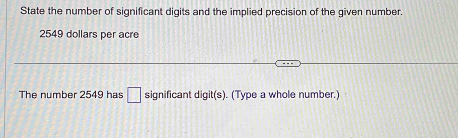 State the number of significant digits and the implied precision of the given number.
2549 dollars per acre 
The number 2549 has □ significant digit(s). (Type a whole number.)