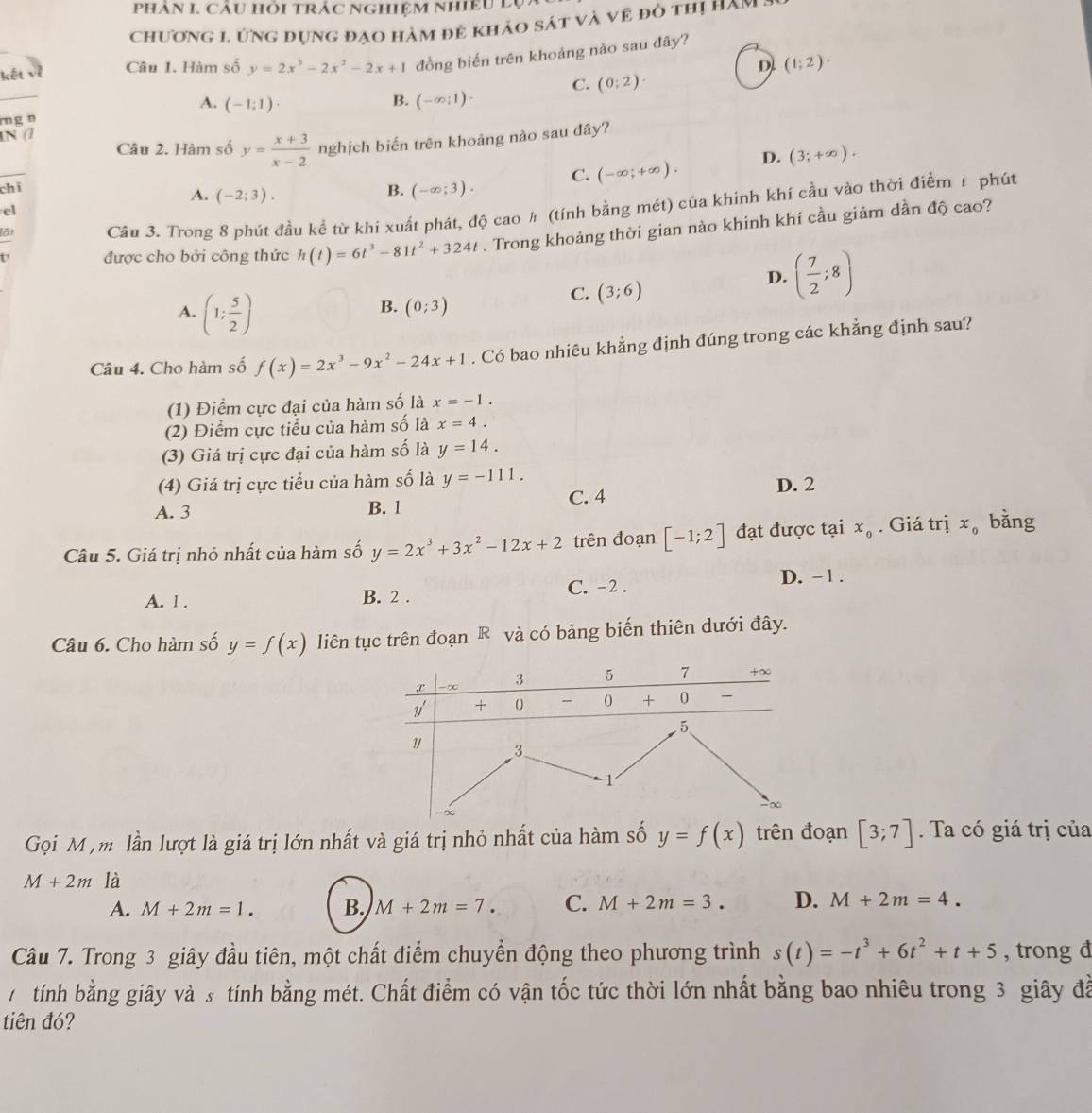 PHAN I. CÂU HÔI TRÁC NGHIỆM NhIềU LV
Chương 1. Ứng đụng đạo hàm đẻ khảo sát và vệ đỏ thị ham
kết Câu 1. Hàm số y=2x^3-2x^2-2x+1 đồng biến trên khoảng nào sau đây?
D (1;2)·
C. (0:2)·
A. (-1;1)· (-∈fty ;1)·
B.
ng n
N (1
Câu 2. Hàm số y= (x+3)/x-2  nghịch biến trên khoảng nào sau dây?
C. (-∈fty ;+∈fty ). D. (3;+∈fty ).
chī B. (-∈fty ;3).
A. (-2;3).
lất Cầu 3. Trong 8 phút đầu kể từ khi xuất phát, độ cao ½ (tính bằng mét) của khinh khí cầu vào thời điểm 1 phút
el
được cho bởi công thức h(t)=6t^3-81t^2+324t. Trong khoảng thời gian nào khinh khí cầu giảm dần độ cao?
D. ( 7/2 ;8)
A. (1; 5/2 )
B. (0;3)
C. (3;6)
Câu 4. Cho hàm số f(x)=2x^3-9x^2-24x+1. Có bao nhiêu khẳng định đúng trong các khẳng định sau?
(1) Điểm cực đại của hàm số là x=-1.
(2) Điểm cực tiểu của hàm số là x=4.
(3) Giá trị cực đại của hàm số là y=14.
(4) Giá trị cực tiểu của hàm số là y=-111.
D. 2
A. 3 B. 1 C. 4
Câu 5. Giá trị nhỏ nhất của hàm số y=2x^3+3x^2-12x+2 trên đoạn [-1;2] đạt được tại x_0. Giá trị x_0 bǎng
A. 1 . B. 2 . C. -2 .
D. - 1.
Câu 6. Cho hàm số y=f(x) liên tục trên đoạn R và có bảng biến thiên dưới đây.
Gọi M m lần lượt là giá trị lớn nhất và giá trị nhỏ nhất của hàm số y=f(x) trên đoạn [3;7]. Ta có giá trị của
M+2m là
A. M+2m=1. B. M+2m=7. C. M+2m=3. D. M+2m=4.
Câu 7. Trong 3 giây đầu tiên, một chất điểm chuyển động theo phương trình s(t)=-t^3+6t^2+t+5 , trong đ
tính bằng giây và ₃ tính bằng mét. Chất điểm có vận tốc tức thời lớn nhất bằng bao nhiêu trong 3 giây đã
tiên đó?