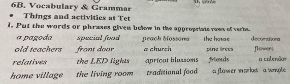 smile 
6B. Vocabulary & Grammar 
Things and activities at Tet 
I. Put the words or phrases given below in the appropriate rows of verbs. 
a pagoda special food peach blossoms the house decorations 
old teachers front door a church pine trees flowers 
relatives the LED lights apricot blossoms friends a calendar 
home village the living room traditional food a flower market a temple