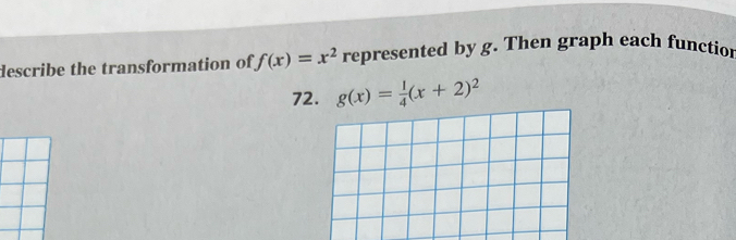 describe the transformation of f(x)=x^2 represented by g. Then graph each functior
72. g(x)= 1/4 (x+2)^2