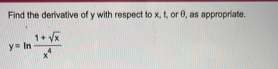 Find the derivative of y with respect to x, t, or θ, as appropriate.
y=ln  (1+sqrt(x))/x^4 