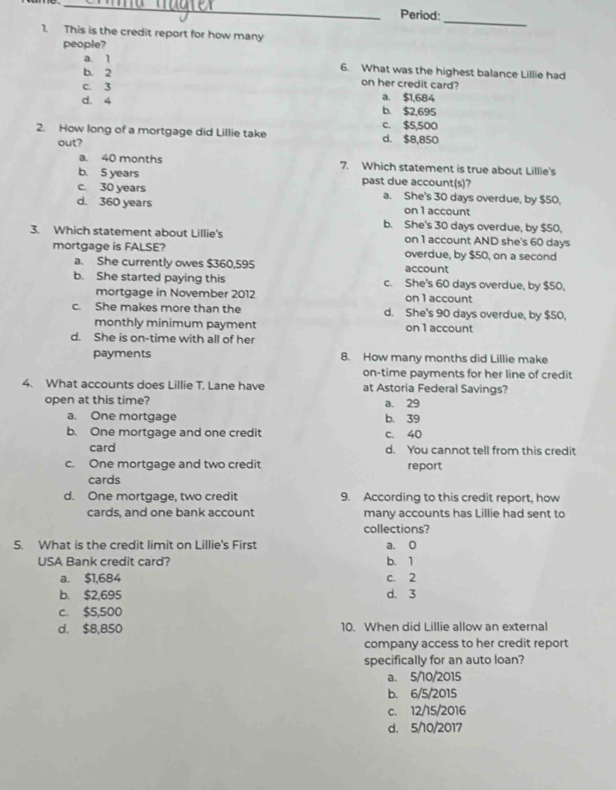 Period:
_
1. This is the credit report for how many
people?
a. 1 6. What was the highest balance Lillie had
b. 2 on her credit card?
c. 3
a. $1,684
d、 4 b. $2,695
c. $5,500
2. How long of a mortgage did Lillie take d. $8,850
out?
a. 40 months 7. Which statement is true about Lillie's
b. 5 years past due account(s)?
c. 30 years a. She's 30 days overdue, by $50,
d. 360 years on 1 account
b. She's 30 days overdue, by $50,
3. Which statement about Lillie's on 1 account AND she's 60 days
mortgage is FALSE? overdue, by $50, on a second
a. She currently owes $360,595 account
b. She started paying this c. She's 60 days overdue, by $50,
mortgage in November 2012 on 1 account
c. She makes more than the d. She's 90 days overdue, by $50,
monthly minimum payment on1account
d. She is on-time with all of her
payments 8. How many months did Lillie make
on-time payments for her line of credit
4. What accounts does Lillie T. Lane have at Astoria Federal Savings?
open at this time? a. 29
a. One mortgage b. 39
b. One mortgage and one credit c. 40
card d. You cannot tell from this credit
c. One mortgage and two credit report
cards
d. One mortgage, two credit 9. According to this credit report, how
cards, and one bank account many accounts has Lillie had sent to
collections?
5. What is the credit limit on Lillie's First a. 0
USA Bank credit card? b.1
a. $1,684 c. 2
b. $2,695 d. 3
c. $5,500
d. $8,850 10. When did Lillie allow an external
company access to her credit report
specifically for an auto loan?
a. 5/10/2015
b. 6/5/2015
c. 12/15/2016
d. 5/10/2017