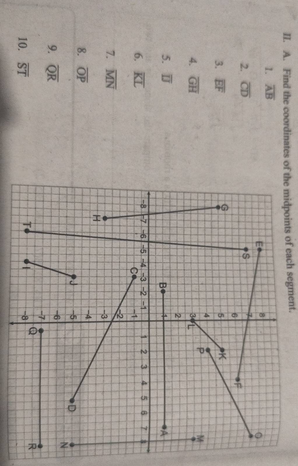 Find the coordinates of the midpoints of each segment. 
1. overline AB
2. overline CD
3. overline EF
4. overline GH
5. overline IJ
6. overline KL
7. overline MN
8. overline OP
9. overline QR
10. overline ST