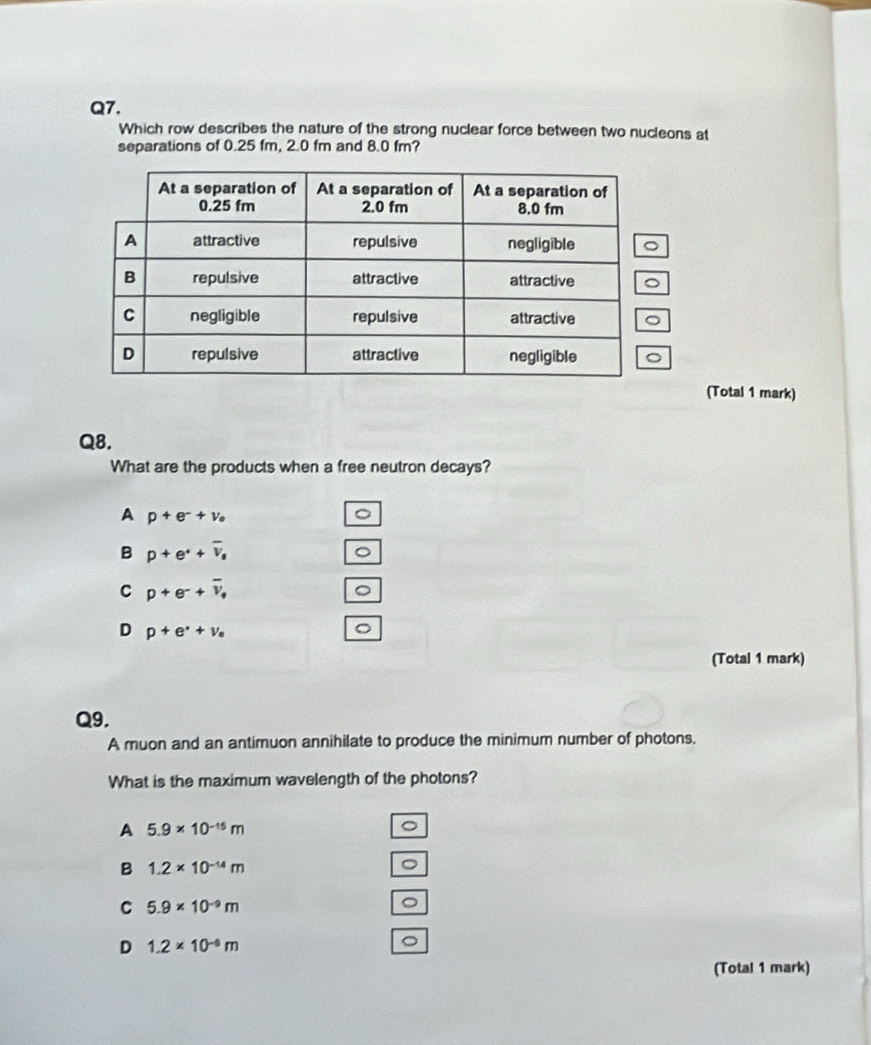 Which row describes the nature of the strong nuclear force between two nucleons at
separations of 0.25 fm, 2.0 fm and 8.0 fm?
(Total 1 mark)
Q8.
What are the products when a free neutron decays?
A p+e^-+v_e
B p+e^(·)+overline v_0
C p+e^-+overline v_e
D p+e^(·)+v_e
(Total 1 mark)
Q9.
A muon and an antimuon annihilate to produce the minimum number of photons.
What is the maximum wavelength of the photons?
A 5.9* 10^(-15)m
。
B 1.2* 10^(-14)m
。
C 5.9* 10^(-9)m
。
D 1.2* 10^(-6)m
。
(Total 1 mark)