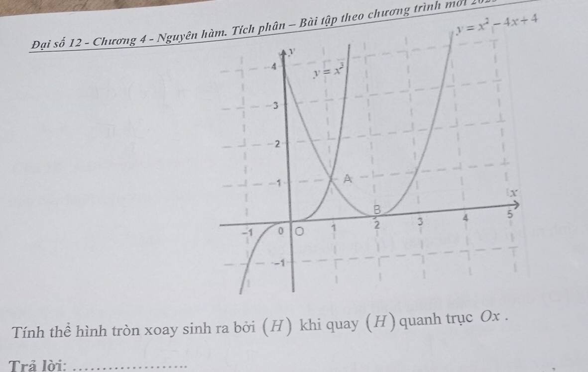 y=x^2-4x+4
Đại số 12 - Chương 4 - Nguyên Tích phân - Bài tập theo chương trình mơi 4
Tính thể hình tròn xoay sinh ra bởi (H) khi quay (H) quanh trục Ox .
Trả lời:_