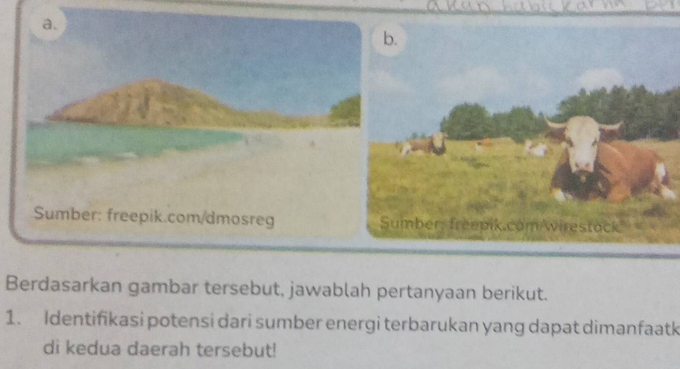 Sumber: freepik.com/dmosreg 
Berdasarkan gambar tersebut, jawablah pertanyaan berikut. 
1. Identifikasi potensi dari sumber energi terbarukan yang dapat dimanfaatk 
di kedua daerah tersebut!