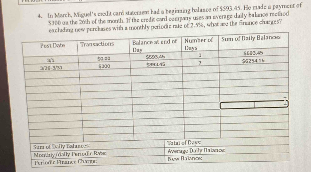 In March, Miguel’s credit card statement had a beginning balance of $593.45. He made a payment of
$300 on the 26th of the month. If the credit card company uses an average daily balance method 
ith a monthly periodic rate of 2.5%, what are the finance charges?