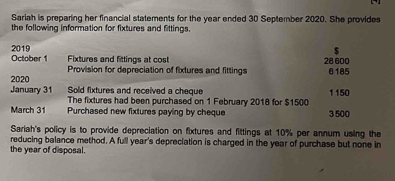 Sariah is preparing her financial statements for the year ended 30 September 2020. She provides 
the following information for fixtures and fittings.
2019
$
October 1 Fixtures and fittings at cost 28 600
Provision for depreciation of fixtures and fittings 6185
2020
January 31 Sold fixtures and received a cheque 1150
The fixtures had been purchased on 1 February 2018 for $1500
March 31 Purchased new fixtures paying by cheque 3 500
Sariah's policy is to provide depreciation on fixtures and fittings at 10% per annum using the 
reducing balance method. A full year's depreclation is charged in the year of purchase but none in 
the year of disposal.