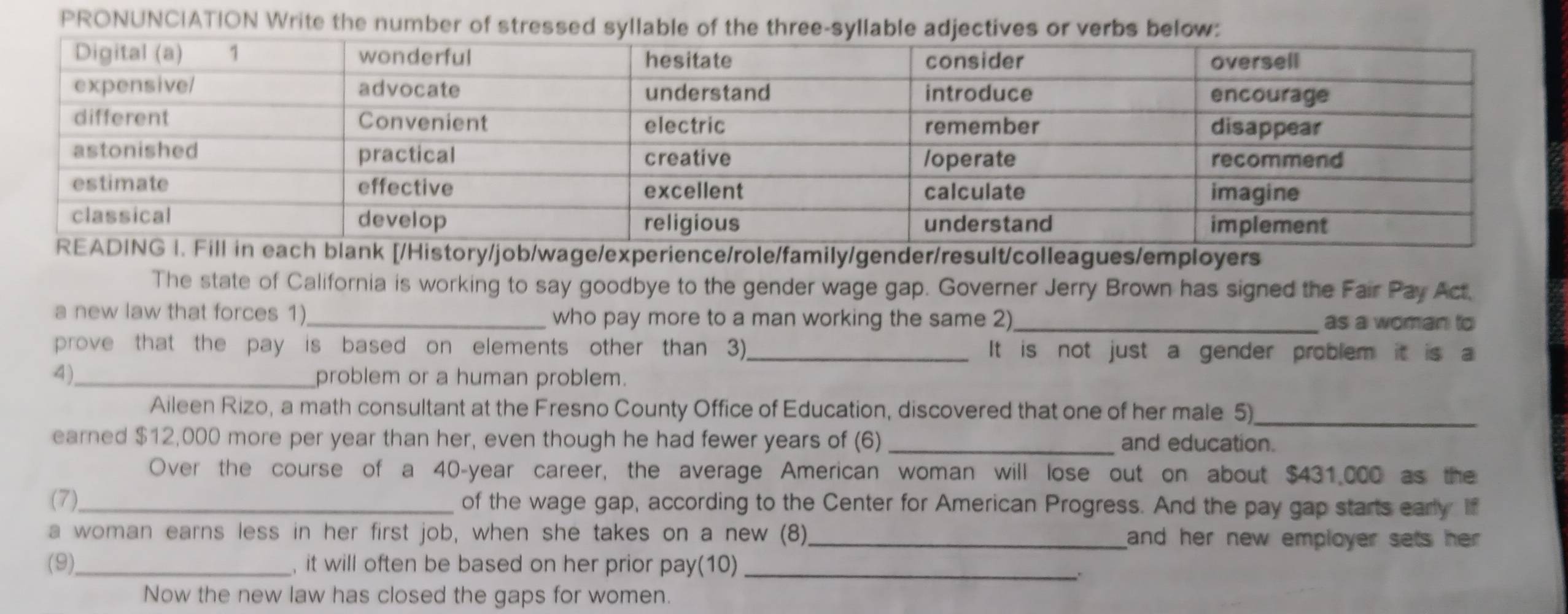 PRONUNCIATION Write the number of stress 
[/History/job/wage/experience/role/family/gender/result/colleagues/employers 
The state of California is working to say goodbye to the gender wage gap. Governer Jerry Brown has signed the Fair Pay Act. 
a new law that forces 1)_ who pay more to a man working the same 2)_ as a woman to 
prove that the pay is based on elements other than 3)._ It is not just a gender problem it is a 
4)_ problem or a human problem. 
Aileen Rizo, a math consultant at the Fresno County Office of Education, discovered that one of her male 5)_ 
earned $12,000 more per year than her, even though he had fewer years of (6) _and education. 
Over the course of a 40-year career, the average American woman will lose out on about $431,000 as the 
(7)_ of the wage gap, according to the Center for American Progress. And the pay gap starts eary. If 
a woman earns less in her first job, when she takes on a new (8),_ and her new employer sets her . 
(9)_ , it will often be based on her prior pay(10)_ 
Now the new law has closed the gaps for women.