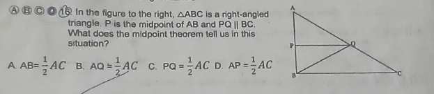 A 15. In the figure to the right, △ ABC is a right-angled
triangle. P is the midpoint of AB and PQ||BC. 
What does the midpoint theorem tell us in this
situation?
A AB= 1/2 AC B. AQ= 1/2 AC C. PQ= 1/2 AC D. AP= 1/2 AC