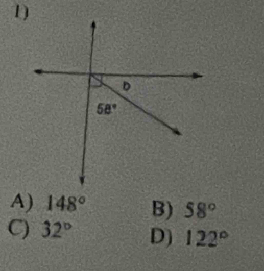 A) 148°
B) 58°
C) 32°
D) 122°