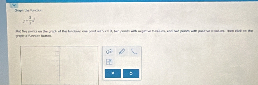 Graph the function
y= 3/2 x^3
Plot five paints on the graph of the function: one point with x=0 , two points with negative x -values, and two points with positive x -values. Then click on the 
graph-a-function button 
×