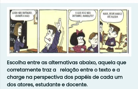 Escolha entre as alternativas abaixo, aquela que 
corretamente traz a relação entre o texto e a 
charge na perspectiva dos papéis de cada um 
dos atores, estudante e docente.