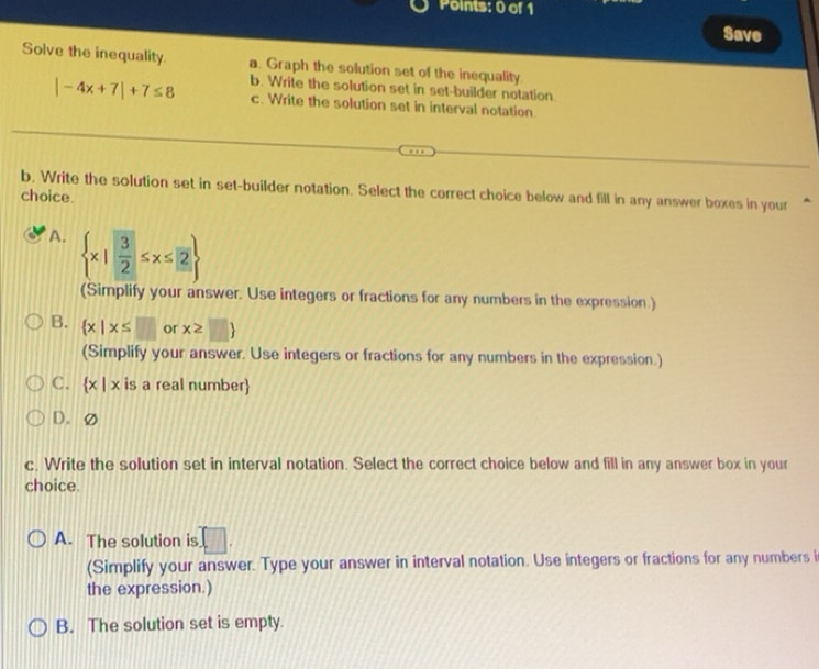 Solved: Save Solve the inequality. a. Graph the solution set of the ...