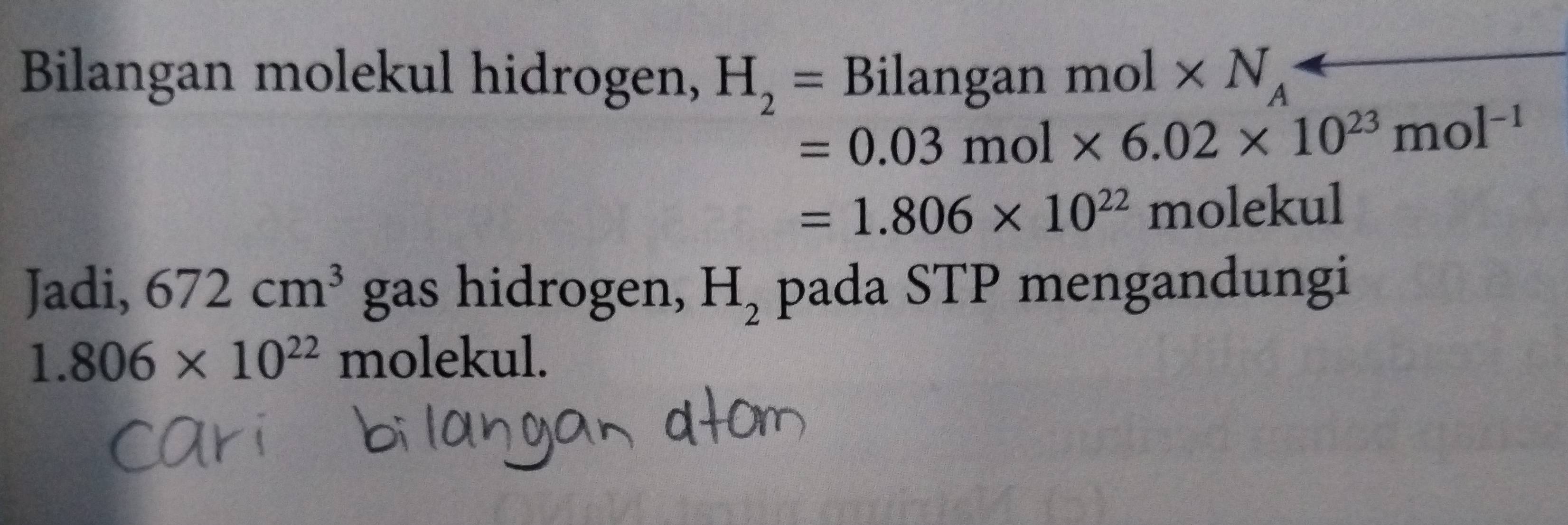 Bilangan molekul hidrogen, H_2= Bilangan mol* N_A
=0.03mol* 6.02* 10^(23)mol^(-1)
=1.806* 10^(22) m blekul 
Jadi, 672cm^3 x gas hidrogen, H_2 pada STP mengandungi
1.806* 10^(22)molekul.