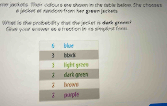 me jackets. Their colours are shown in the table below. She chooses 
a jacket at random from her green jackets. 
What is the probability that the jacket is dark green? 
Give your answer as a fraction in its simplest form.