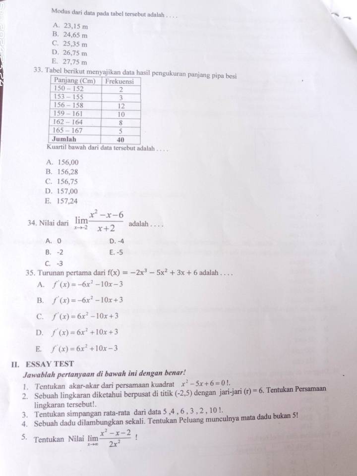 Modus dari data pada tabel tersebut adalah . . . .
A. 23,15 m
B. 24,65 m
C. 25,35 m
D. 26,75 m
E. 27,75 m
33. Tabel berikut menyajikan dl pengukuran panjang pipa besi
til bawah dari data tersebut adalah . . . .
A. 156,00
B. 156,28
C. 156,75
D. 157,00
E. 157,24
34. Nilai dari limlimits _xto 2 (x^2-x-6)/x+2  adalah . . . .
A. 0 D. -4
B. -2 E. -5
C. -3
35. Turunan pertama dari f(x)=-2x^3-5x^2+3x+6 adalah . . . .
A. f'(x)=-6x^2-10x-3
B. f'(x)=-6x^2-10x+3
C. f'(x)=6x^2-10x+3
D. f'(x)=6x^2+10x+3
E. f'(x)=6x^2+10x-3
II. ESSAY TEST
Jawablah pertanyaan di bawah ini dengan benar!
1. Tentukan akar-akar dari persamaan kuadrat x^2-5x+6=01.
2. Sebuah lingkaran diketahui berpusat di titik (-2,5) dengan jari-jari (r)=6. Tentukan Persamaan
lingkaran tersebut!.
3. Tentukan simpangan rata-rata dari data 5 ,4 , 6 , 3 , 2 , 10 !.
4. Sebuah dadu dilambungkan sekali. Tentukan Peluang munculnya mata dadu bukan 5!
5. Tentukan Nilai limlimits _xto ∈fty  (x^2-x-2)/2x^2 !