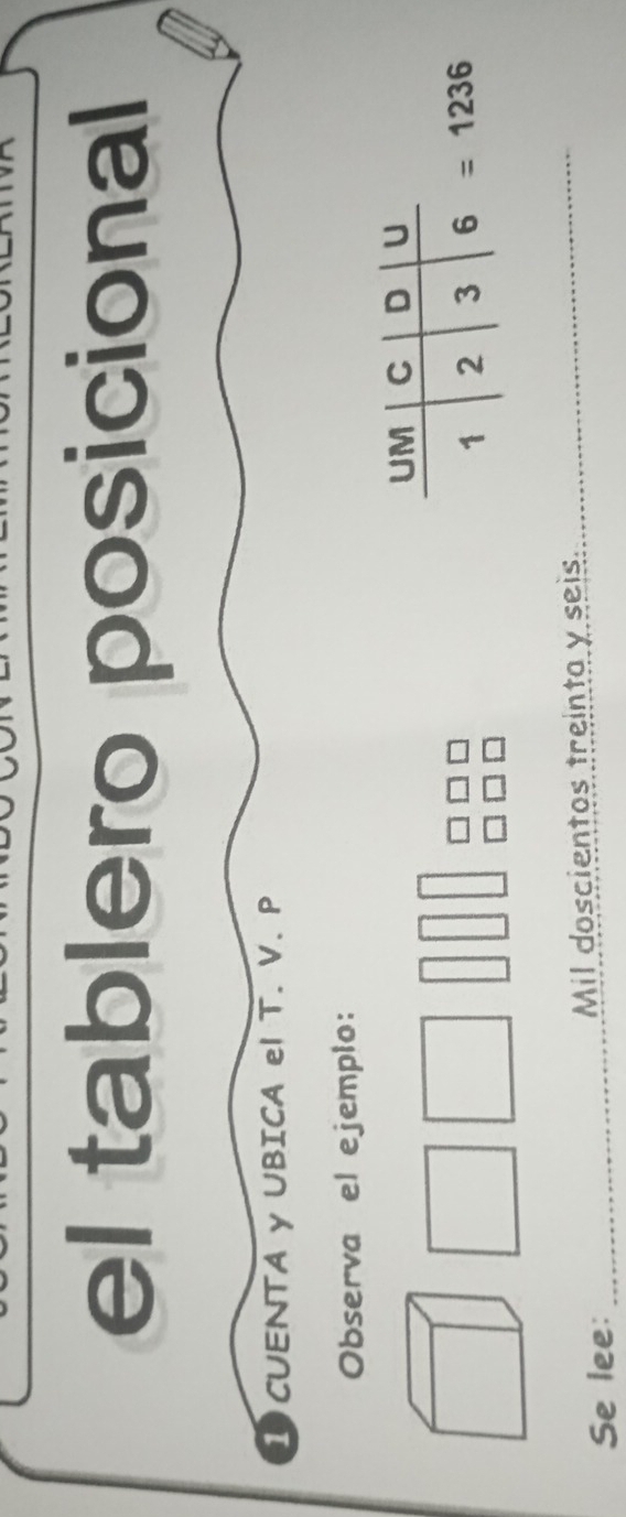 el tablero posicional
1 CUENTA y UBICA el T. V. P
Observa el ejemplo:
Se lee: _Mil doscientos treinta y seis.