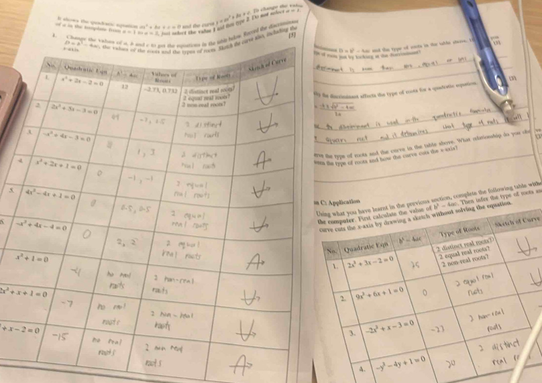 change dơ vat
of at in tha tottysbate Trrim a=1Rightarrow a=3 hus nchret the valne I and thm and the curse x=a^2+bx+c.7b OJV2.I Do noé séfees a=1
It shows the quadath: equattion ax^2+bx+c=0
bolow. Recced the discramina
[5]
1. Changtoo, lecluding the
ues junt te bnsskine at thie chonetteet D=b^2-4ac d the type of mots in thr table steve. I
_
an
_
discriminant affects the type of mots for a quadomic equation
 (-4± sqrt(b^2-4ac))/2a 
_
2
e type of rots and the curve in the table above. What relationship do you of
e rype of roots and how the curve cuis the ∞axis?
5
oots an
te the following table with
rve
_