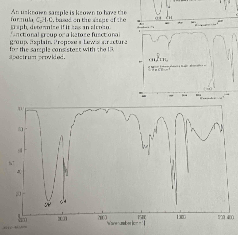 An unknown sample is known to have the
formula, C_2H_6O , based on the shape of the
OH CH
180 s j i w
graph, determine if it has an alcohol
    
functional group or a ketone functional
group. Explain. Propose a Lewis structure
for the sample consistent with the IR
spectrum provided.
“ CH₃ČCH₃
A lypical bmane shaves e mojer absorpiore af
# 171 or³
C=0
1948 29 1W9 1169
Wak nt nbe   
0