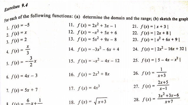 For each of the following functions: (a) determine the domain and the range; (b) sketch the graph 
1. f(x)=-5
11. 
2. f(x)=x f(x)=2x^2+3x-1 21. f(x)=|x+3|
12. 
3. f(x)=2 f(x)=-x^2+5x+6 22. f(x)=|2x+8|
13. f(x)=5x^2+9x-8 23. f(x)=|x^2+6x+9|
4. f(x)= x/3 
14. f(x)=-3x^2-6x+4 24. f(x)=|2x^2-16x+32|
5. f(x)=- 3/2 x
15. f(x)=-x^2-4x-12 25. f(x)=|5-4x-x^2|
6. f(x)=4x-3 16. f(x)=2x^3+8x 26. f(x)= 1/x+3 
7. f(x)=5x+7 17. f(x)=4x^3 27. f(x)= (2x+5)/x-1 
R f(x)=frac 6x+frac 1 18. f(x)=sqrt(x+3) 28. f(x)= (3x^2+3x-6)/x+7 