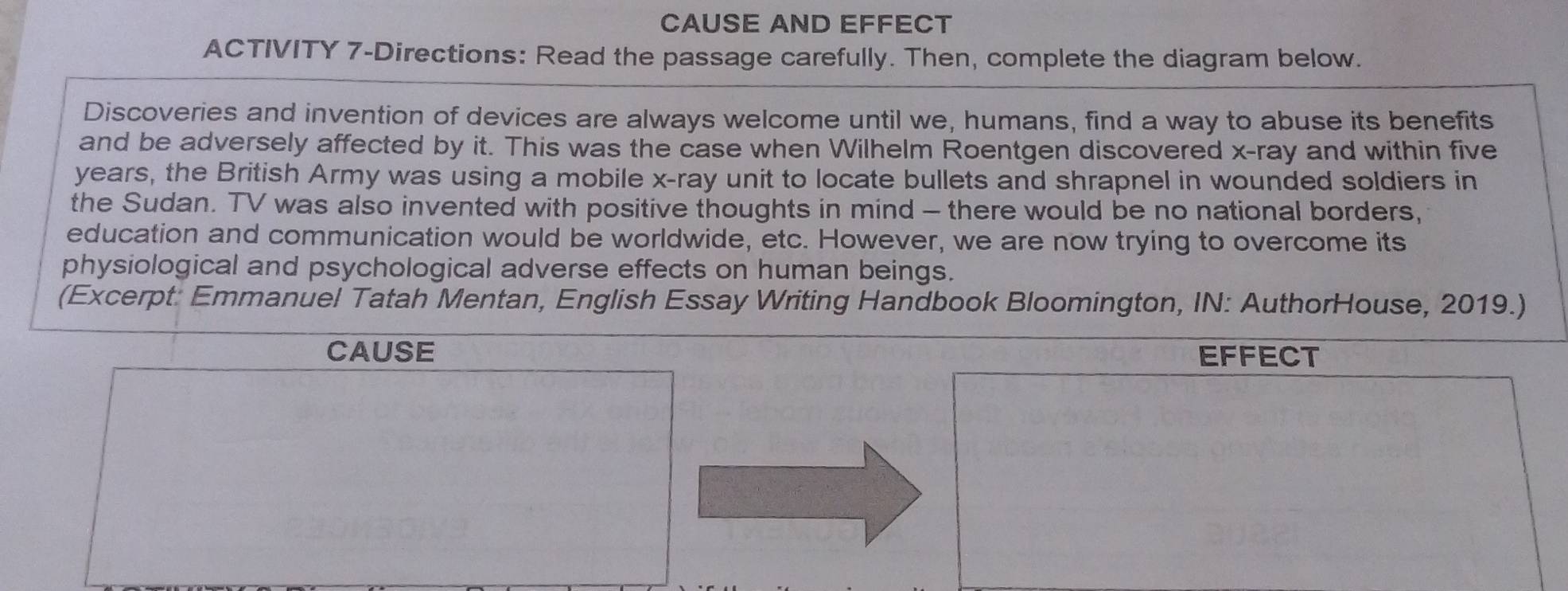 CAUSE AND EFFECT 
ACTIVITY 7-Directions: Read the passage carefully. Then, complete the diagram below. 
Discoveries and invention of devices are always welcome until we, humans, find a way to abuse its benefits 
and be adversely affected by it. This was the case when Wilhelm Roentgen discovered x -ray and within five
years, the British Army was using a mobile x -ray unit to locate bullets and shrapnel in wounded soldiers in 
the Sudan. TV was also invented with positive thoughts in mind - there would be no national borders, 
education and communication would be worldwide, etc. However, we are now trying to overcome its 
physiological and psychological adverse effects on human beings. 
(Excerpt: Emmanuel Tatah Mentan, English Essay Writing Handbook Bloomington, IN: AuthorHouse, 2019.) 
CAUSE EFFECT