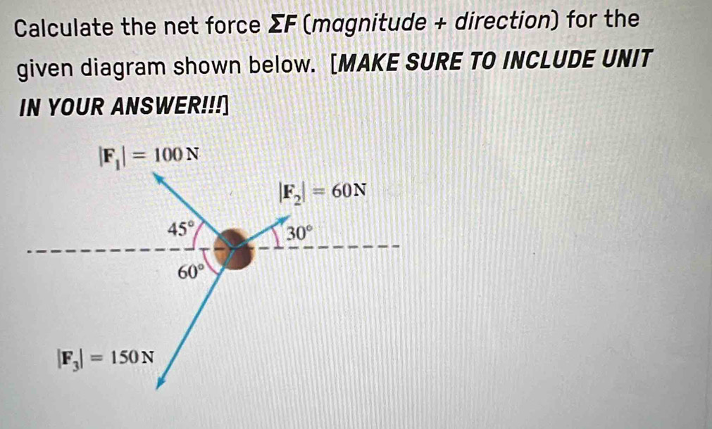 Calculate the net force ΣF (magnitude + direction) for the
given diagram shown below. [MAKE SURE TO INCLUDE UNIT
IN YOUR ANSWER!!!]