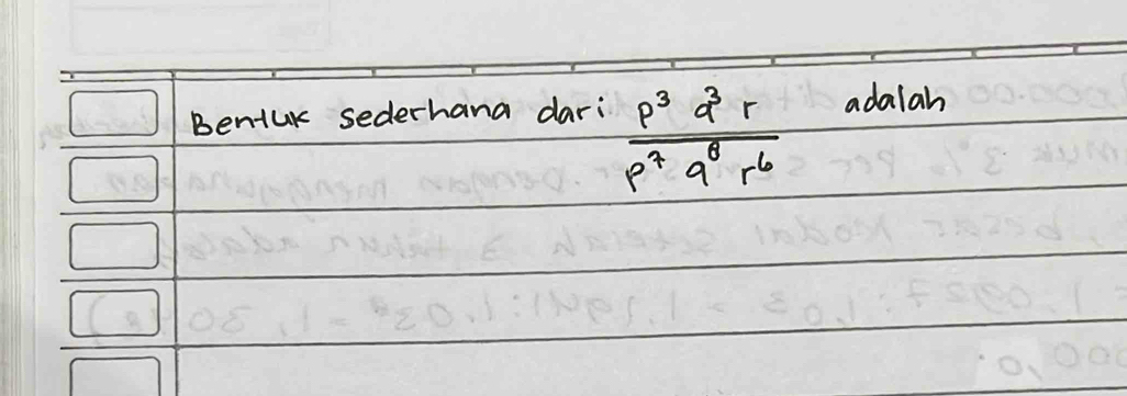 Beniuk sederhana dari
 p^3q^3r/p^7q^6r^6 
adalah