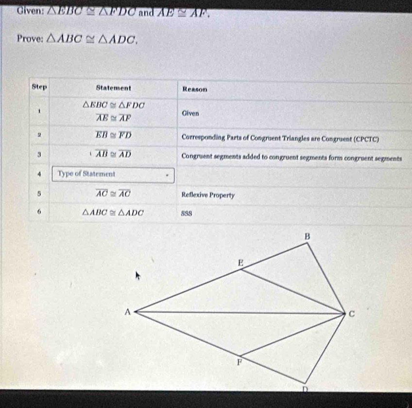 Given: △ EBC≌ △ FDC and overline AE≌ AF.
Prove: △ ABC≌ △ ADC.