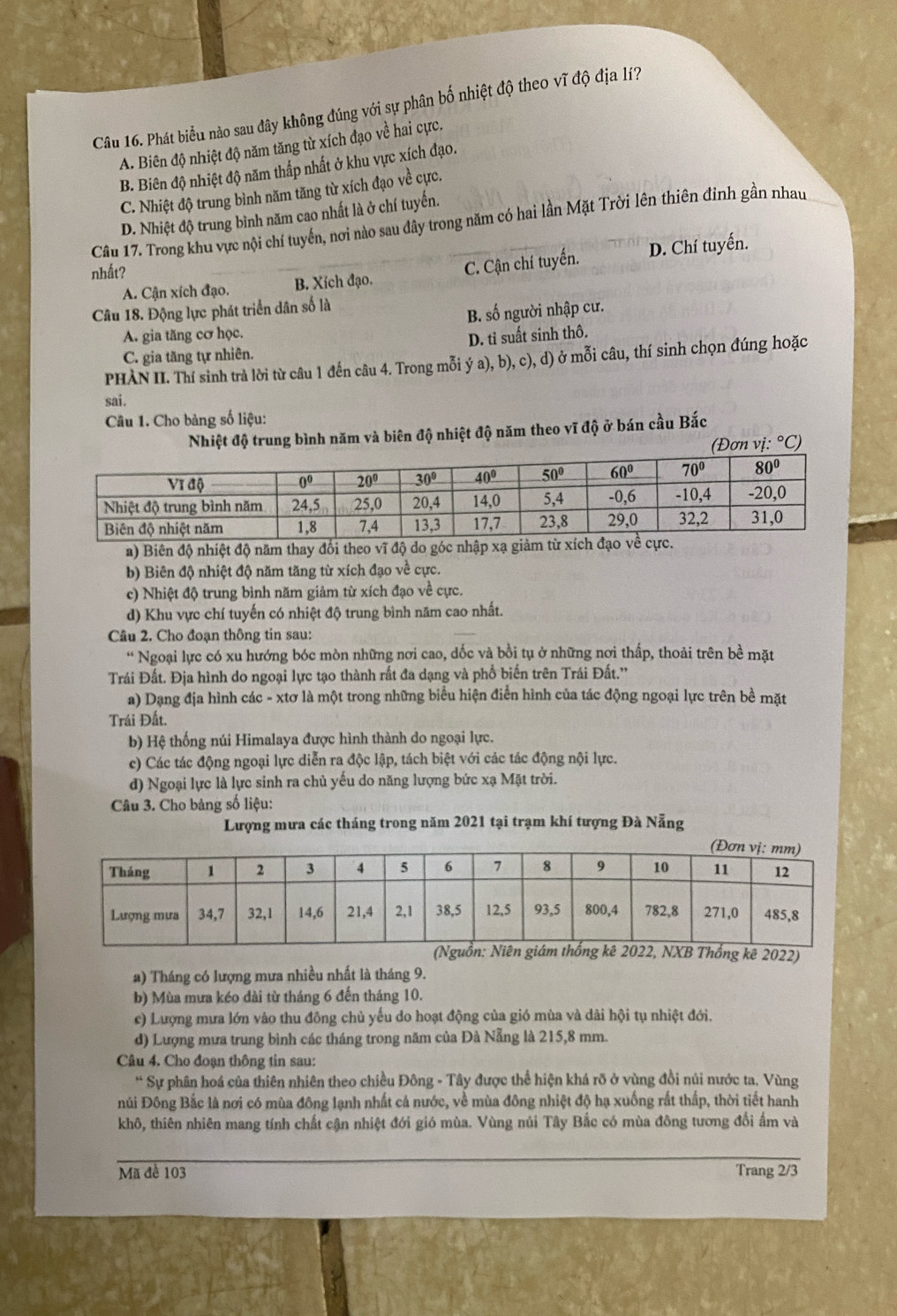 Phát biểu nào sau đây không đúng với sự phân bố nhiệt độ theo vĩ độ địa lí?
A. Biên độ nhiệt độ năm tăng từ xích đạo về hai cực.
B. Biên độ nhiệt độ năm thấp nhất ở khu vực xích đạo.
C. Nhiệt độ trung bình năm tăng từ xích đạo về cực.
Cầu 17. Trong khu vực nội chí tuyến, nơi nào sau đây trong năm có hai lần Mặt Trời lên thiên đinh gần nhau D. Nhiệt độ trung bình năm cao nhất là ở chí tuyến.
A. Cận xích đạo. B. Xích đạo. C. Cận chí tuyến. D. Chí tuyến.
nhất?
Câu 18. Động lực phát triển dân số là
A. gia tăng cơ học. B. số người nhập cư.
C. gia tăng tự nhiên. D. ti suất sinh thô.
PHÀN II. Thí sinh trả lời từ câu 1 đến câu 4. Trong mỗi ý a), b), c), d) ở mỗi câu, thí sinh chọn đúng hoặc
sai.
Câu 1. Cho bảng số liệu:
Nhiệt độ trung bình năm và biên độ nhiệt độ năm theo vĩ độ ở bán cầu Bắc
(Đơn vị: ^circ C)
a) Biên độ nhiệt độ năm thay đổi theo vĩ độ do góc nhập xạ gi
b) Biên độ nhiệt độ năm tăng từ xích đạo về cực.
c) Nhiệt độ trung bình năm giảm từ xích đạo về cực.
d) Khu vực chí tuyến có nhiệt độ trung bình năm cao nhất.
Câu 2. Cho đoạn thông tin sau:
“ Ngoại lực có xu hướng bóc mòn những nơi cao, dốc và bồi tụ ở những nơi thấp, thoải trên bề mặt
Trái Đất. Địa hình do ngoại lực tạo thành rất đa dạng và phố biến trên Trái Đất.''
a) Dạng địa hình các - xtơ là một trong những biểu hiện điễn hình của tác động ngoại lực trên bề mặt
Trái Đất.
b) Hệ thống núi Himalaya được hình thành do ngoại lực.
c) Các tác động ngoại lực diễn ra độc lập, tách biệt với các tác động nội lực.
d) Ngoại lực là lực sinh ra chủ yếu do năng lượng bức xạ Mặt trời.
Câu 3. Cho bảng số liệu:
Lượng mưa các tháng trong năm 2021 tại trạm khí tượng Đà Nẵng
022)
a) Tháng có lượng mưa nhiều nhất là tháng 9.
b) Mùa mưa kéo dài từ tháng 6 đến tháng 10.
c) Lượng mưa lớn vào thu đông chủ yếu do hoạt động của gió mùa và dài hội tụ nhiệt đới.
d) Lượng mưa trung bình các tháng trong năm của Đà Nẵng là 215,8 mm.
Câu 4. Cho đoạn thông tin sau:
* Sự phân hoá của thiên nhiên theo chiều Đông - Tây được thể hiện khá rõ ở vùng đồi núi nước ta. Vùng
úi Đông Bắc là nơi có mùa đông lạnh nhất cá nước, về mùa đông nhiệt độ hạ xuống rất thấp, thời tiết hanh
khô, thiên nhiên mang tính chất cận nhiệt đới gió mùa. Vùng núi Tây Bắc có mùa đông tương đổi ấm và
Mã đề 103 Trang 2/3