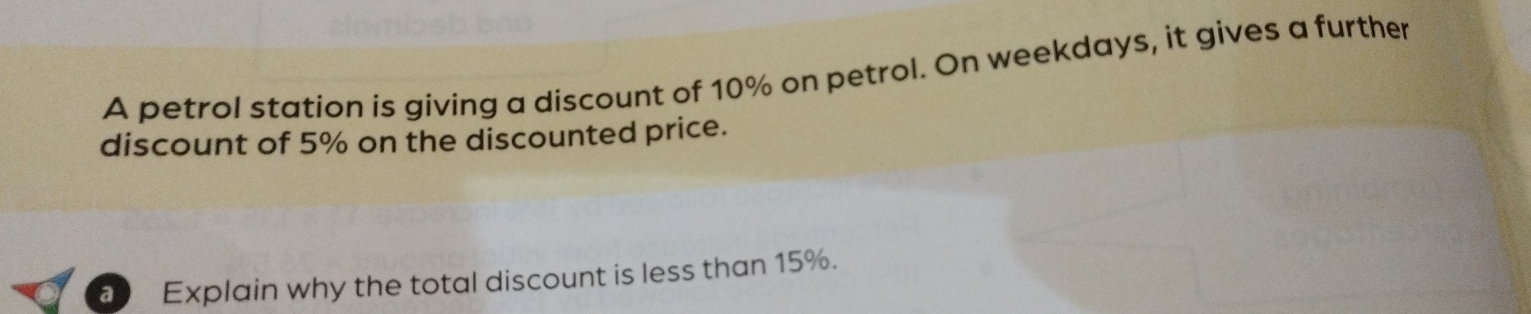 A petrol station is giving a discount of 10% on petrol. On weekdays, it gives a further 
discount of 5% on the discounted price. 
Explain why the total discount is less than 15%.