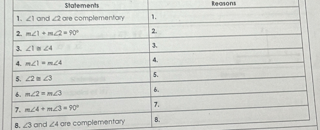 Statements Reasons
8. ∠ 3 and ∠ 4 are c